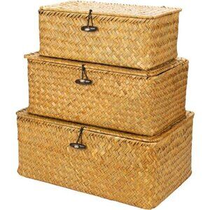 Shelf Baskets with Lid Set of 3, Handwoven Seagrass Storage Bins Box Rectangular
